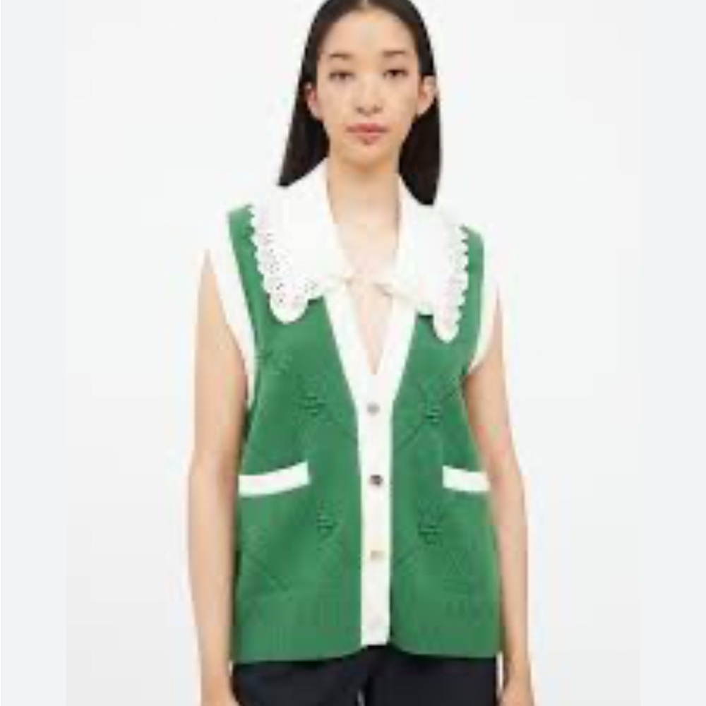 Sandro Green Sleeveless Sweater with White Trim